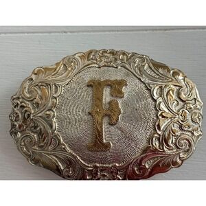 Vintage El Arturo Crumrine Western Belt Buckle Initial "F" Multi-Tone Oval